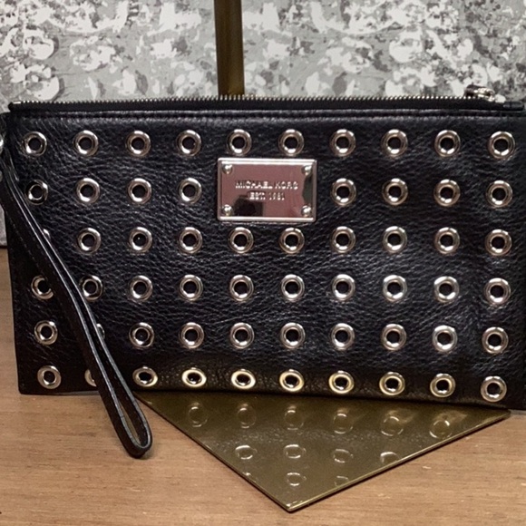 MICHAEL Michael Kors Handbags - Michael Kors Black Pebbled Leather Wristlet with Silver Grommets